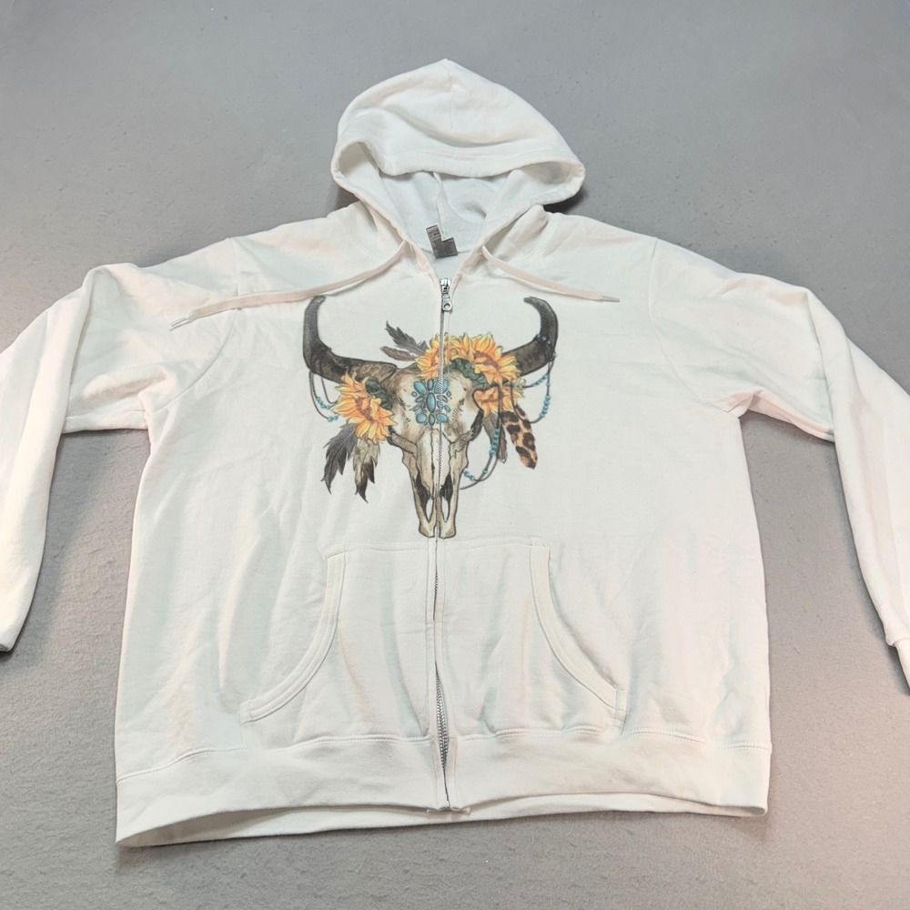 Gildan White Western Skull Floral Graphic Zip Up Hoodie Ladies Size L‎